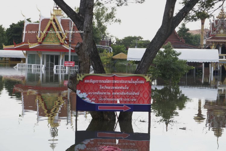 แม่น้ำเจ้าพระยาล้นตลิ่งท่วมวัดบ้านเลนสระกระจับบางปะอินสูง1ม.