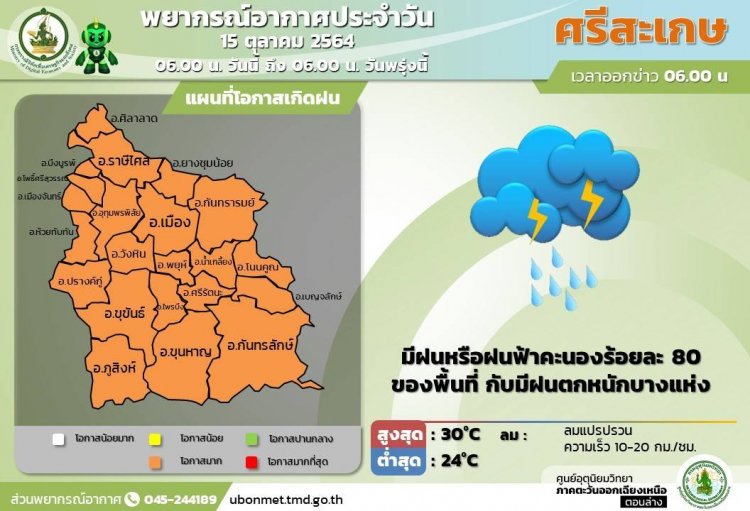 ศรีสะเกษฝนหรือฝนฟ้าคะนองร้อยละ 80 ของพื้นที่ กับมีฝนตกหนักบางแห่ง