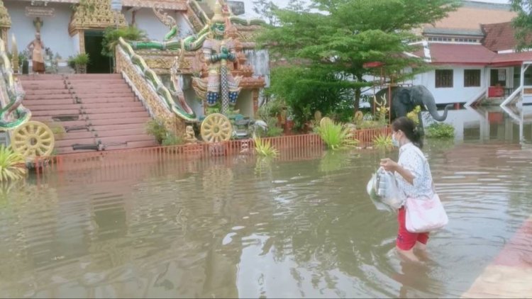  ประชาชนเดินลุยน้ำไปทำบุญวันออกพรรษา