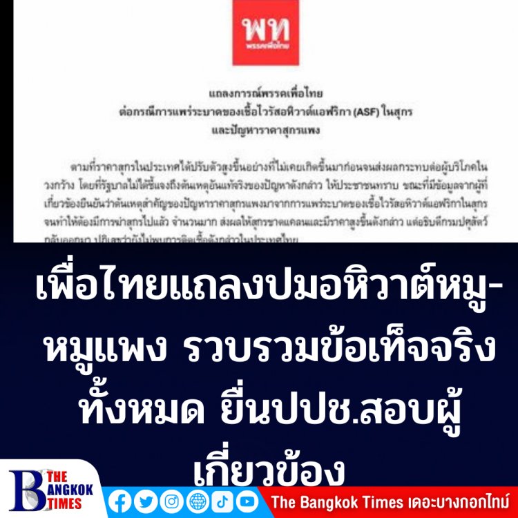 พรรคเพื่อไทยออกแถลงการณ์ปมโรคระบาดอหิวาต์หมู-ราคาหมูแพง -รวบรวมหลักฐานยื่นปปช.สอบผู้เกี่ยวข้อง