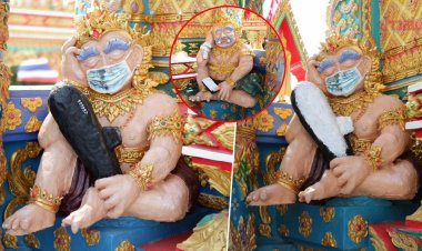 วัดดังโคราชแก้ไขแล้ว!รูปปั้นยักษ์ 2 ตน ถือเรือดำน้ำ-สวมนาฬิกายืมเพื่อน