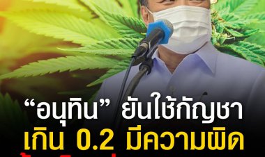 “อนุทิน” ยันใช้กัญชาเกิน 0.2 มีความผิดตามกฎหมาย ย้ำมีไว้เพื่อการแพทย์ไม่ใช่เพื่อมึนเมา ติงดาราเสพโชว์ถ้าเกินกำหนดส่อถูกจับ เตรียมแจก test kit วัดสารTHC