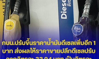 กบน.ปรับขึ้นราคาน้ำมันดีเซลเพิ่มอีก 1 บาท ส่งผลให้ราคาขายปลีกดีเซลปรับจากลิตรละ 33.94 บาท เป็นลิตรละ 34.94 บาท มีผลตั้งแต่วันที่ 14 มิถุนายน 2565