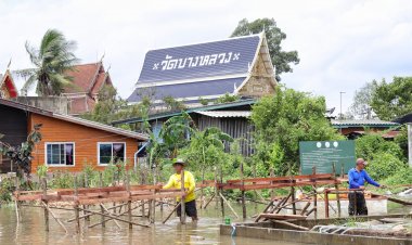 ทต.บางหลวงเร่งสร้างสะพานไม้ หลังน้ำเจ้าพระยาทะลักท่วมชุมชนวัดบางหลวงเมืองปทุมธานี