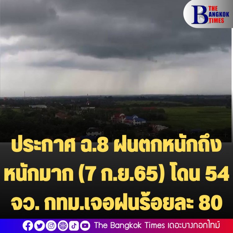 ประกาศ ฉ.8 ฝนตกหนักถึงหนักมาก (7 ก.ย.65) โดน 54 จว. กทม.เจอฝนร้อยละ 80