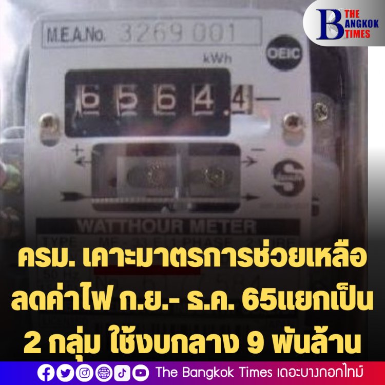 ครม. เคาะมาตรการช่วยเหลือค่าไฟฟ้า ลดค่าไฟ ก.ย.- ธ.ค. 65 แยกเป็น 2 กลุ่ม ใช้งบกลางพยุง 9 พันล้านบาท