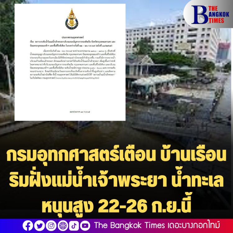 กรมอุทกศาสตร์เตือน บ้านเรือนริมฝั่งแม่น้ำเจ้าพระยา น้ำทะเลหนุนสูง 22-26 ก.ย.นี้