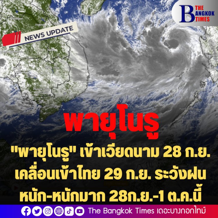 กรมอุตุฯ ประกาศเตือน ฉ.8 "พายุโนรู" เข้าเวียดนาม 28 ก.ย. เคลื่อนเข้าไทย 29 ก.ย. ระวังฝันหนัก-หนักมาก 28ก.ย.-1 ต.ค.นี้