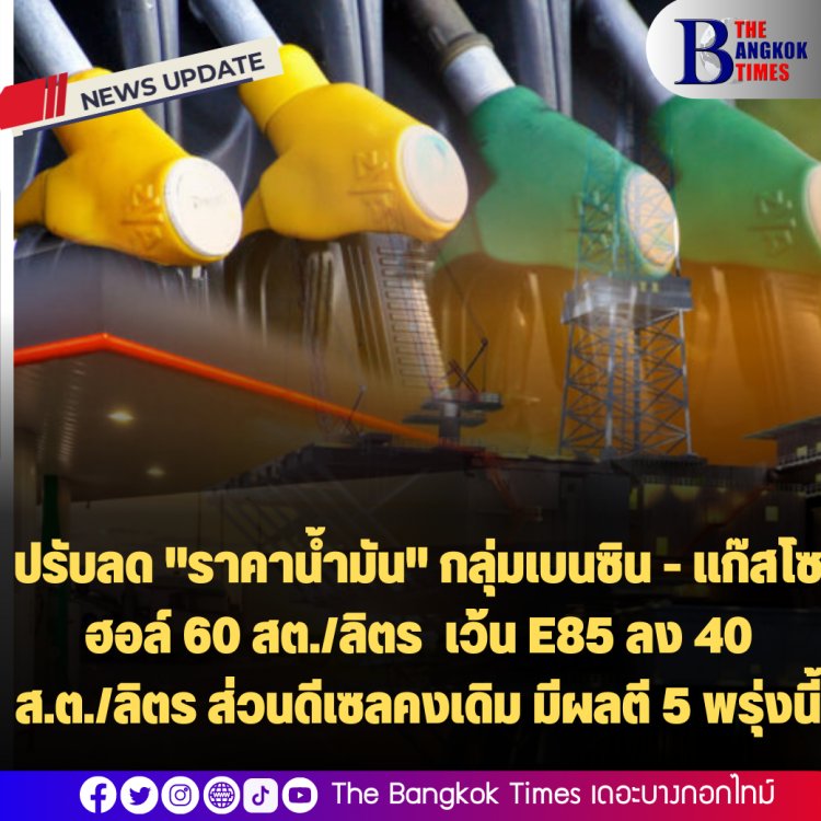 ปรับลด "ราคาน้ำมัน" กลุ่มเบนซิน - แก๊สโซฮอล์ 60 สตา./ลิตร  เว้น E85 ลง 40 สส.ต./ลิตร ส่วนดีเซลคงเดิม มีผลตี 5 พรุ่งนี้