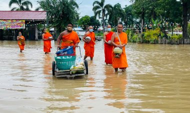 พิจิตรฝนตกหนักน้ำเอ่อล้นคลองท่วมวัดสำนักขุนเณรพระลุยน้ำบิณฑบาตรญาติโยมลุยน้ำทำบุญ