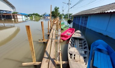 น้ำท่วมบางปะอินสร้างสะพานไม้หนีน้ำท่วม ความยาวมากที่สุด กว่า 400 เมตร