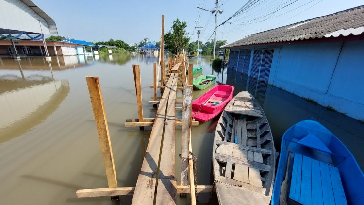 น้ำท่วมบางปะอินสร้างสะพานไม้หนีน้ำท่วม ความยาวมากที่สุด กว่า 400 เมตร