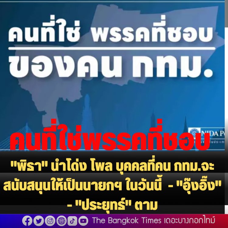 "พิธา" นำโด่ง โพล บุคคลที่คน กทม.จะสนับสนุนให้เป็นนายกฯ ในวันนี้ - "อุ๊งอิ๊ง" - "ประยุทธ์" ตาม
