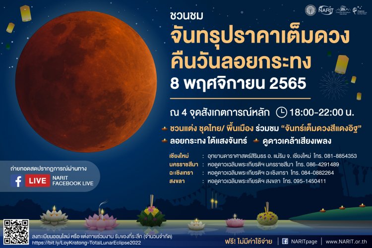 สดร. จัดกิจกรรมชม “จันทรุปราคาเต็มดวงคืนวันลอยกระทง” 8 พ.ย. นี้ เห็นได้ทั่วฟ้าเมืองไทย