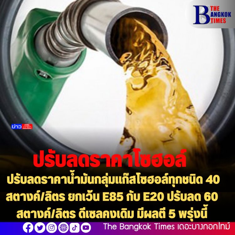 ปรับลดราคาน้ำมันกลุ่มแก๊สโซฮอล์ทุกชนิด 40 สตางค์/ลิตร ยกเว้น E85 กับ E20 ปรับลด 60 สตางค์/ลิตร ดีเซลคงเดิม มีผลตี 5 พรุ่งนี้