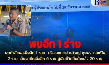 พบกำลังพลเพิ่มอีก 1 ราย  บริเวณเกาะง่ามใหญ่ ชุมพร รวมเป็น 2 ราย  ค้นหาที่เหลืออีก 6 ราย ผู้เสียชีวิตยืนยันแล้ว 20 ราย