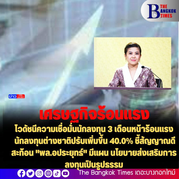 โฆษกรัฐโว ดัชนีความเชื่อมั่นนักลงทุน 3 เดือนหน้าร้อนแรง นักลงทุนต่างชาติปรับเพิ่มขึ้น 40.0% ชี้สัญญาณดี สะท้อน "พล.อประยุทธ์" มีแผน นโยบายส่งเสริมการลงทุนเป็นรูปธรรม