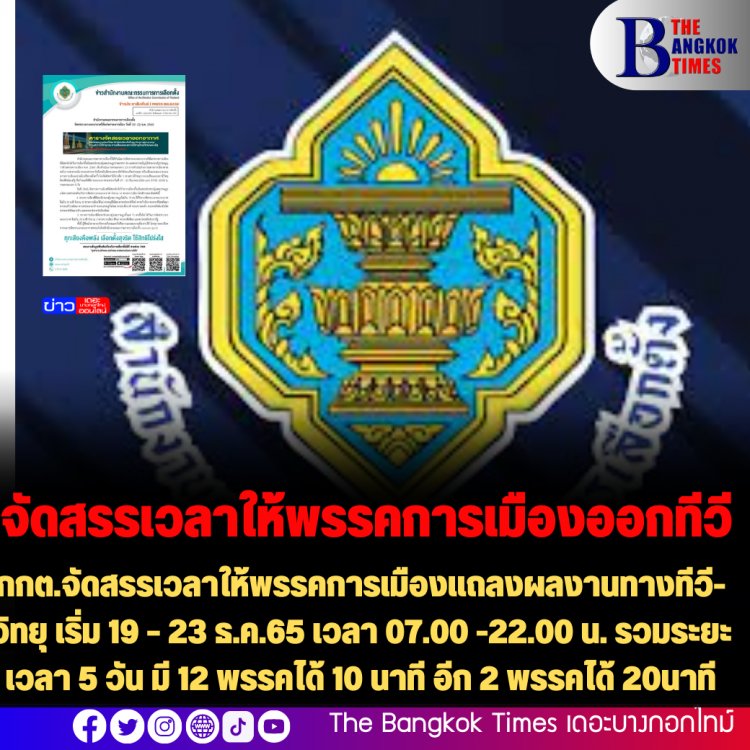 กกต.จัดสรรเวลาให้พรรคการเมืองแถลงผลงานทางทีวี-วิทยุ เริ่ม 19 – 23 ธ.ค.65 เวลา 07.00 -22.00 น. รวมระยะเวลา 5 วัน มี 12 พรรคได้ 10 นาที อีก 2 พรรคได้ 20นาที