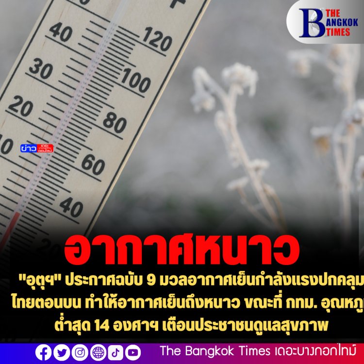 "อุตุฯ" ประกาศฉบับ 9 มวลอากาศเย็นกำลังแรงปกคลุมไทยตอนบน ทำให้อากาศเย็นถึงหนาว ขณะที่ กทม. อุณหภูมิต่ำสุด 14 องศาฯ เตือนประชาชนดูแลสุขภาพ