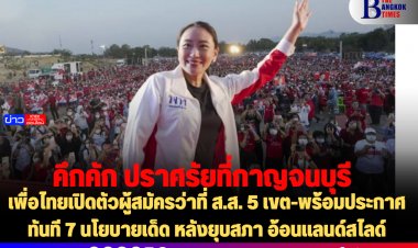 คึกคัก!! เพื่อไทยปราศรัย เปิดตัวผู้สมัครว่าที่ ส.ส. 5 เขต-พร้อมประกาศทันที 7 นโยบายเด็ด หลังยุบสภา อ้อนแลนด์สไลด์