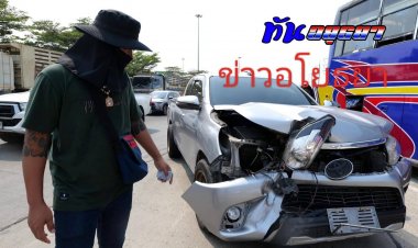 ระทึก!ยางพร้อมกระทะล้อรถบรรทุกหลุดจากดุมเพลาล้อ หมุนเป็นลูกข่าง พุ่งชนกระบะพังยับเยิน