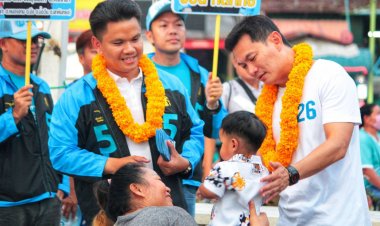 ดร.เอ้ - สุชัชวีร์ สุวรรณสวัสดิ์ ควงทนายสุขสันต์  มิสสาจันทร์  เดินหาเสียงศรีราชาขอคะแนนเสียงผู้ใช้แรงงาน