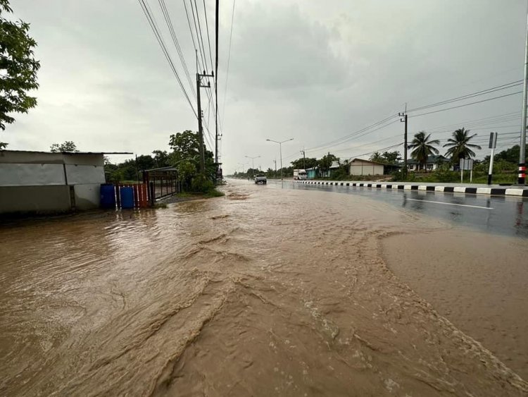 ฝนถล่มโคราชน้ำป่าไหลหลากท่วมถนนสายพิมาย-ชุมพวง รถเล็กสัญจรลำบาก