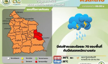 ศรีสะเกษวันนี้มีฝน7O% ของพื้นที่ เตือนประชาชนระวังน้ำป่าไหลหลาก