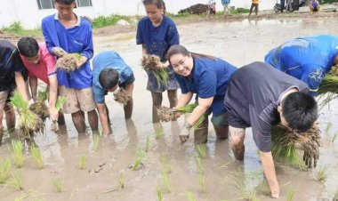 "จ.ป.ส. สท.มอไซค์-นุ้ยส์ เมืองฉอด"ร่วมทำนาเกษตรอินทรีย์ รร.เทศบาลวัดดอนแก้ว