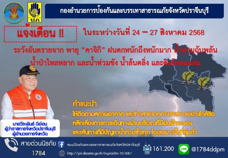 ผู้ว่าฯปราจีนฯสั่งทุกภาคส่วนเตรียมพร้อมรับมือพายุ “คาจิก”ฝนตกหนัก น้ำท่วมฉับพลัน