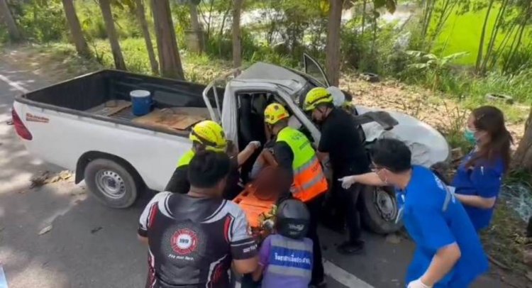 หนุ่มเมืองอุทัยธานีกระบะหลับในพุ่งชนต้นไม้ข้างทางบาดเจ็บสาหัส