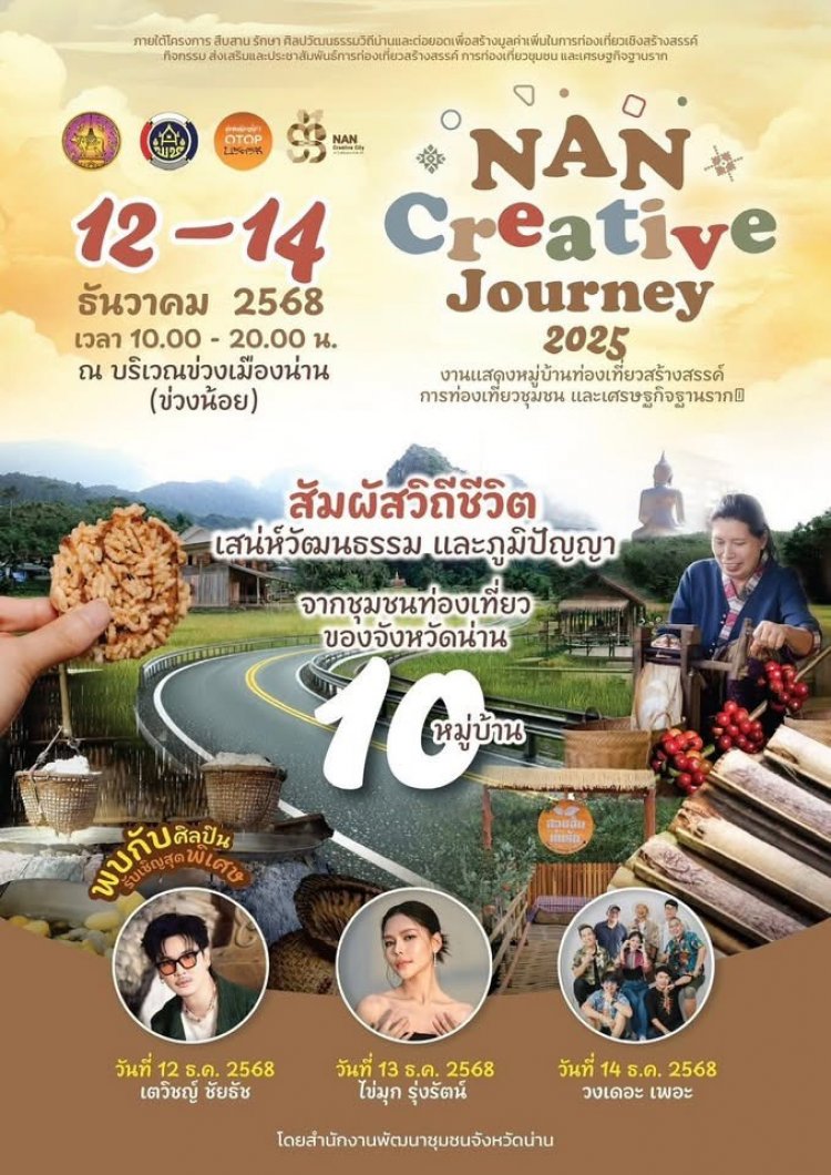 จังหวัดน่าน  ชวนเที่ยว งาน  “Nan Creative Journey 2025 งานแสดงหมู่บ้านท่องเที่ยวสร้างสรรค์ การท่องเที่ยวชุมชน และเศรษฐกิจฐานราก